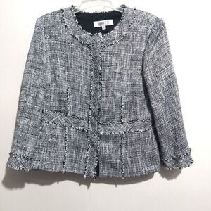 Kasper Womens 8P Fringe Blazer Jacket Shoulder Pads Sequin Accent Snap Closure